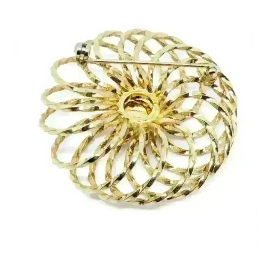 Vintage Brooch Twisted Round Puffy Caged Faux Pearl MCM 10k Gold Plated